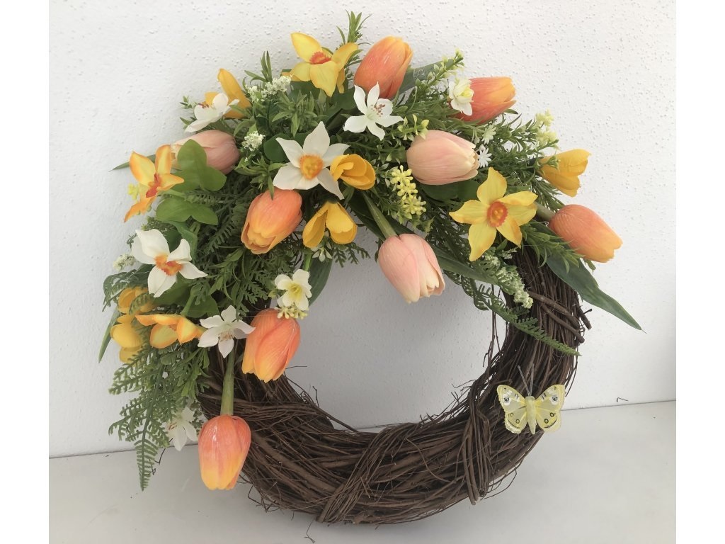 Jarní věnec na dveře oranžové tulipány 37 cm